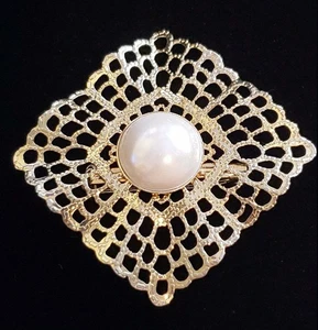 Spilla fiore astratto, spilla vintage finta perla, grande tono oro aperto-work go-87 - Foto 1 di 6