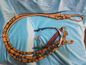 Bit & Romal Reins-Ortega Style-16 plt Reg 48" w/conn. Rawhide w Black/Red Detail - Picture 1 of 3