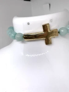 Amazonite Faceted Beaded Stretch Bracelet W/ Gold Cross Focal Sea foam Green - Picture 1 of 5