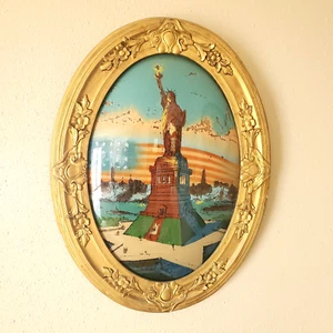 Antique Convex Bubble Glass WWI Era Statue of Liberty Framed Oval Frame VTG - Picture 1 of 3