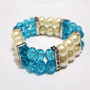 Bracelet de Perles Bracelet Caoutchouc Stretch Extensible Strass Bleu - Picture 1 of 2
