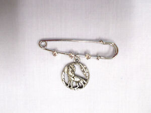 2" PIN BROOCH w 3 CRYSTALS & ROUND HOWLING WOLF w MOON & FEATHER PEWTER CHARM