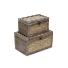 Set of 2 Wooden Box Bamboo Weave Design Keepsake Decorative Trunks Wooden Box