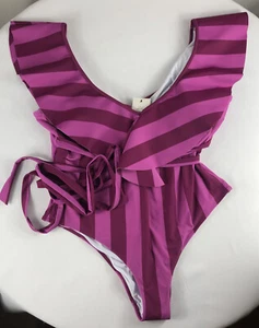 NEW ELOQUII PINK SWIMMER STRIPE RUFFLE SHOULDER WITH BELT ONE PIECE SWIMSUIT 22 - Picture 1 of 5