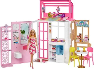 Barbie-Puppenhaus (70,6 x 51,4 cm) mit 4 Spielbereichen, komplett eingerichtet - Bild 1 von 4