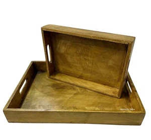 Set Of 2 Large Solid Herringbone Wooden Trays Handles Rectangular Mango Wood - Picture 1 of 12