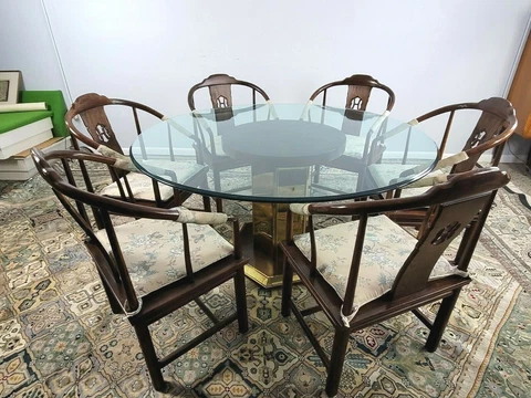 Henredon Mid Century Modern Pedestal Dining Room Table 6 Matching Cane Chairs Cover