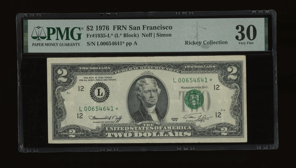 DBR 1976 $2 FRN San Francisco STAR Fr. 1935-L* PMG 30 Serial L00654641* - Image 1 of 2