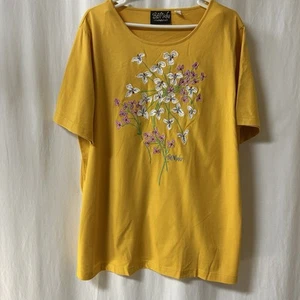 Bob Mackie Wearable Art gelbes kurzärmliges geblümtes Damen-T-Shirt 1X bestickt - Bild 1 von 9