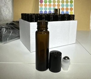 24 Amber Glass Essential Oil Roll On Bottles 10ml Steel Ball +154 Labels - Picture 1 of 11