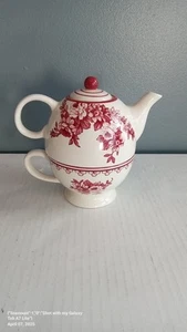 Tea for One Set Teapot Cup Stackable Floral Red White Ceramic Kitchen Decor - Picture 1 of 5