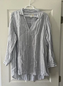 C&C CALIFORNIA | Plus Size White Grey Stripe Linen Tunic Blouse | 1X - Picture 1 of 3