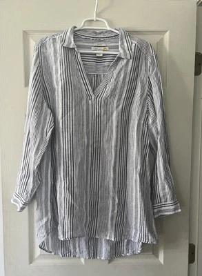 C&C CALIFORNIA | Plus Size White Grey Stripe Linen  Tunic Blouse | 1X - Image 1 of 3