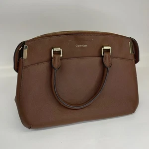 Calvin Klein Handbag Saffiano Dome Satchel Saddle Brown Leather Zip Minimalist - Picture 1 of 7