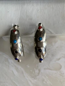 Large Taxco Artisan Sterling Silver And Gemstone Hoop Pierced Earrings Mexico  - Picture 1 of 4