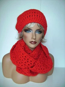 NEW TRUE RED SCARLET HAND CROCHET HAT AND INFINITY SCARF SET HAND MADE  BEANIE   - Picture 1 of 12