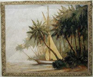 TAPESTRY, Tropical Shore - "LEAVING OUT" 42"x 35" - Picture 1 of 4