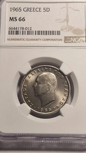 GREECE - 5 DRACHMAI 1965 NGC MS66 - Picture 1 of 2