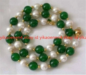 7-8MM White Pearl & Natural Green Jade Round Beads Necklace 18-36'' - Picture 1 of 12