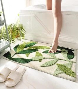 Boho Green Leaves Non-Slip Bath Mat - Soft Microfiber, Machine Washable 17.5x25. - Picture 1 of 12