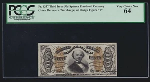 US 50c Fractional Currency Note Spinner w/ '1' FR 1337 PCGS 64 Ch CU (-022) - Picture 1 of 2