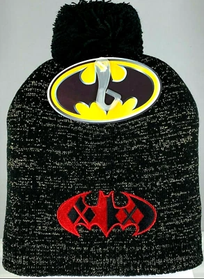 DC Comics Batman Harley Quinn Knit Pom Beanie Hat Womens W Gold Metallic New - Image 1 of 4