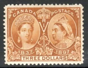 1897 MInt QV Jubilee 3$ Yellow Bistre, MLH W/Re-Entries In Postage, Signed VF. - Picture 1 of 4
