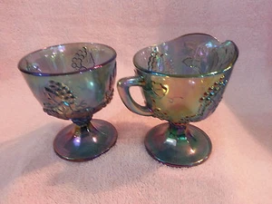 INDIANA BLAU KARNEVAL GLAS ERNTE TRAUBE ZUCKERDOSE UND SAHNEKÄNNCHEN - Bild 1 von 5