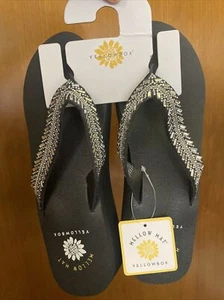 New Womens Yellow Box Sequined Wedges Heel Flip Flops Size 7.5 Platformed - Picture 1 of 5