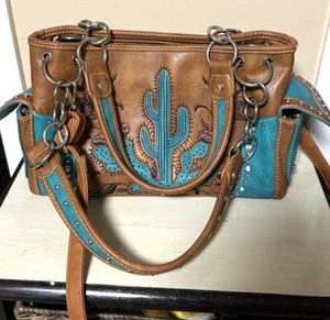 Montana West Cactus Turquoise Leather Conceal Carry Bag Tooled Punch Stitched - Picture 1 of 11