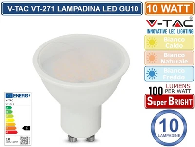 V-TAC 10PZ LAMPADA VT-271 LAMPADINA SMD LED GU10 10W FARETTO SPOTLIGHT 100° 1000 LUMEN