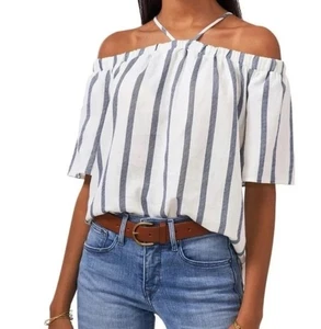 Vince Camuto Stripe Off-the-Shoulder Linen Blend Top White Blue Size Large NWT - Picture 1 of 7