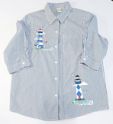 复古 Blair Top 女式 L 蓝色条纹航海沿海海滩灯塔衬衫 — 第 1/4 张图片