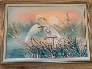 A. Maley Original Oil Painting White Egrets in Marsh Sunset – Framed - Picture 1 of 4
