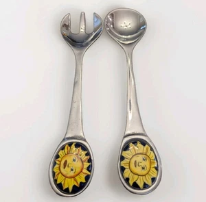 Vintage Celestial Sun Gabel Löffel Set 11" Metall Servierutensilien Salatbesteck RAR - Bild 1 von 7