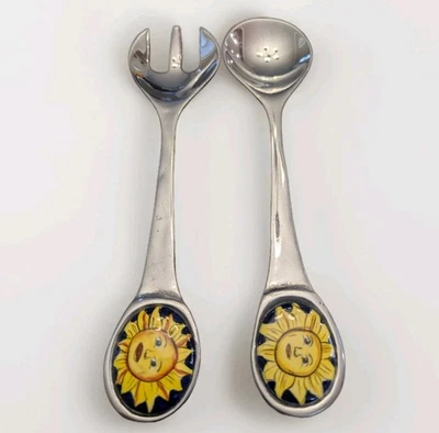 Antigo Conjunto de Colher Garfo Solar Celestial 11" Utensílios de Metal Servidor de Salada RARO - Imagem 1 de 4