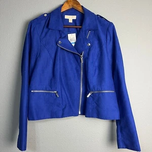 Michael Kors Dark Azurite Moto Jacket Edgy Feminine Epaulette Full Zip Blue XL - Picture 1 of 12