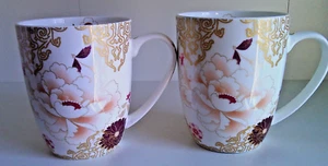 Two Maxwell Williams Coffee Mugs (KIMONO) White, burgundy, gold - Like New ! - Picture 1 of 12