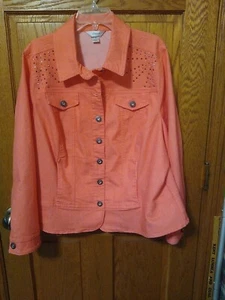 CJ Banks Women’s Plus 2x Coral Pink Stretch Denim Button Unlined Jacket EUC  - Picture 1 of 6