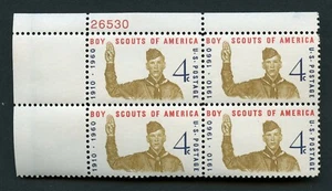 FOUR BOY SCOUTS 4 CENT STAMPS (plate block) unused - Picture 1 of 2