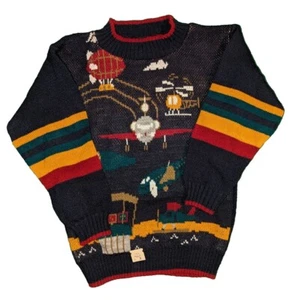 NOS Vintage Little Funky Airplane Helicopter Train Pullover 5/6 Acrylic Sweater  - Picture 1 of 5