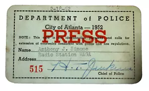1952 ATLANTA POLICE chief HT JENKINS Press Pass WAGA radio PRINCE GARDNER wallet - Picture 1 of 15