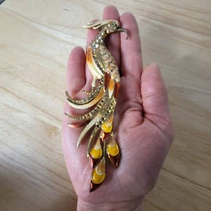 Antique PEACOCK Bird of Paradise Brooch Pin Enamelware Rhinestone 5.5 Inch Long - Bild 1 von 17