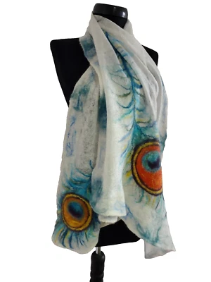 Bufanda suave de seda blanca con pluma de pavo real de Merino, elegante chal de noche Foto 1 de 4