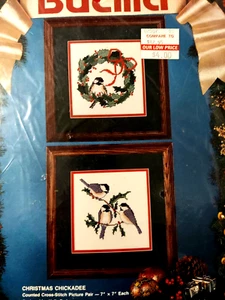 Bucilla Vintage 1993 Holiday "Christmas Chickadee" Cross-Stitch Picture Pair Kit - Picture 1 of 8