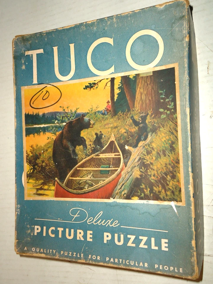 Vintage TUCO Deluxe Picture Puzzle -MAMA BEAR WITH CUBS and CANOE! Missing 1 pc - Image 1 of 1
