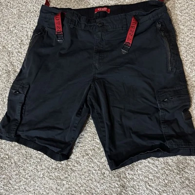 Guess Los Angeles Shorts Men’s 36 Black Cargo Zip Pockets Red Strap Streetwear - Image 1 of 4