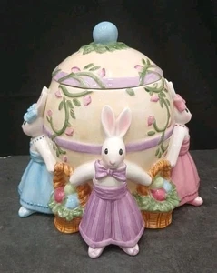 Fitz and Floyd Essentials Be-Bop Bunnies Ceramic Easter Spring Cookie Jar w/ Lid - Picture 1 of 8