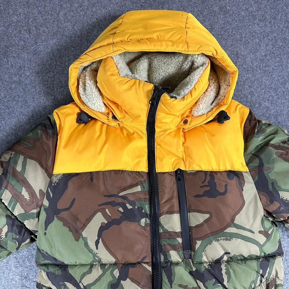 Superdry 男式小号 Mountain Squad 迷彩 Puffer 夹克连帽黄色 — 第 1/4 张图片
