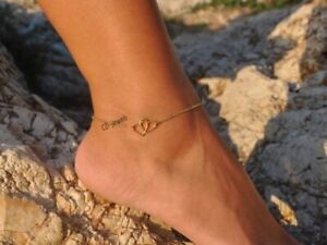 Women's Solid Metal Charm Tiny Heart Anklet 14K Yellow Gold Plated 925 Silver